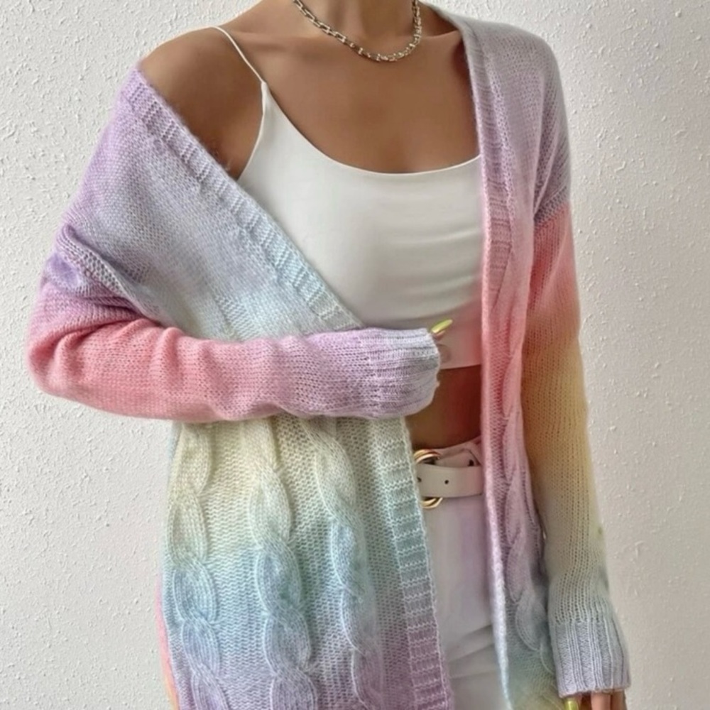 NWOT Multi Cable Knit Tie Dye Drop Knit Duster Ombre Cardigan Sweater